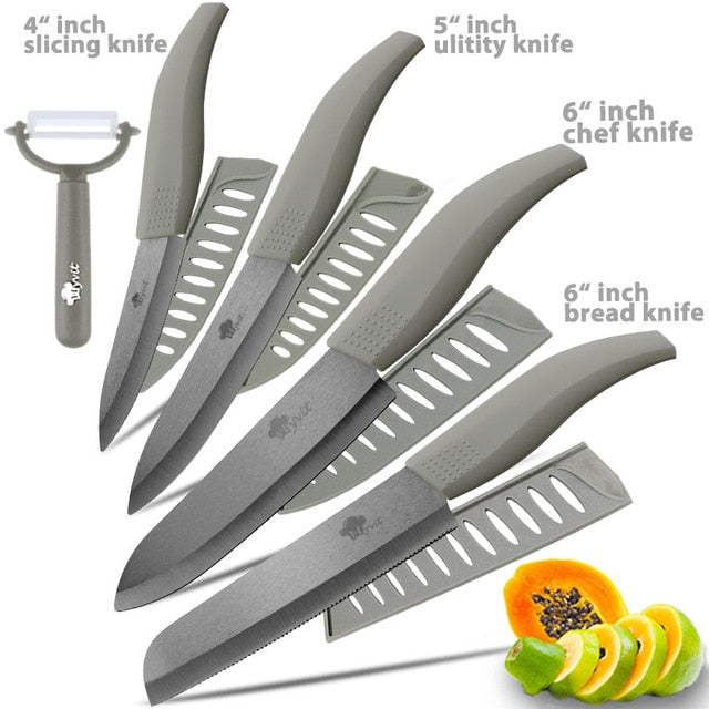 Ceramic Knife 3 4 5 inch + 6 inch Kitchen Knives Serrated Bread Set +Peeler Zirconia Black Blade Fruit Chef Knife Vege Cook Tool - Cookinero