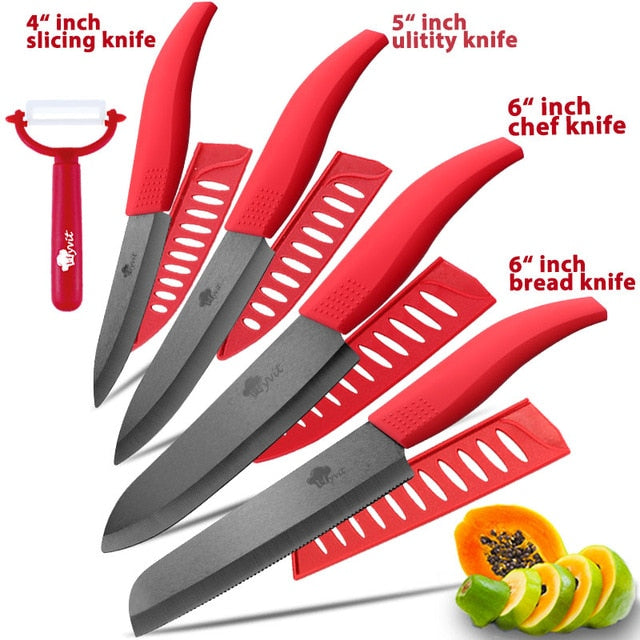 Ceramic Knife 3 4 5 inch + 6 inch Kitchen Knives Serrated Bread Set +Peeler Zirconia Black Blade Fruit Chef Knife Vege Cook Tool - Cookinero