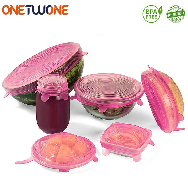 6pcs Silicone Cover Stretch Lids Reusable Airtight Food Wrap Covers Keeping Fresh Seal Bowl Stretchy Wrap Cover Kitchen Cookware - Cookinero