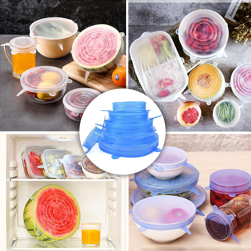 6pcs Silicone Cover Stretch Lids Reusable Airtight Food Wrap Covers Keeping Fresh Seal Bowl Stretchy Wrap Cover Kitchen Cookware - Cookinero