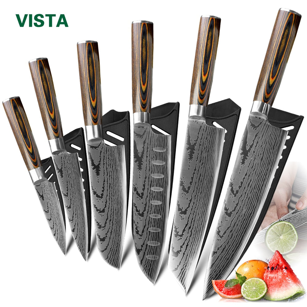 Kitchen knife Chef Knives Japanese 7CR17 440C High Carbon Stainless Steel Imitation Damascus Sanding Laser Knife - Cookinero