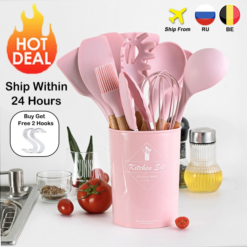 9/10/12PCS Silicone Cooking Utensils Set Non-stick Spatula Shovel Wooden Handle Cooking Tools Set With Storage Box Kitchen Tools - Cookinero