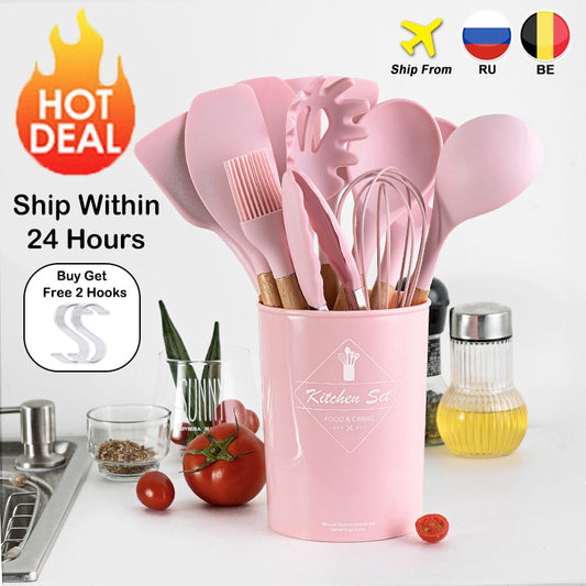 9/10/12PCS Silicone Cooking Utensils Set Non-stick Spatula Shovel Wooden Handle Cooking Tools Set With Storage Box Kitchen Tools - Cookinero
