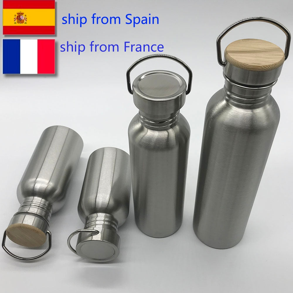 Portable Stainless Steel Water Bottle 1000ml Bamboo Lid Sports Flasks Travel Cycling Hiking Camping Bottles BPA Free - Cookinero