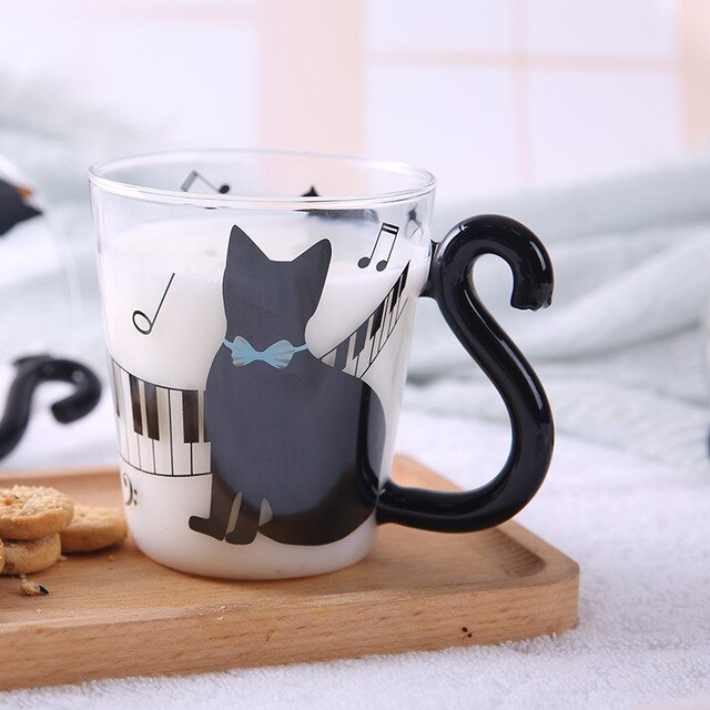 Hoomall 300ML Cute Glass Mug With Musical Note Cats Lovely Handle Milk Coffe Mug Kitchen Water Bottle Kettle For Love Couples - Cookinero